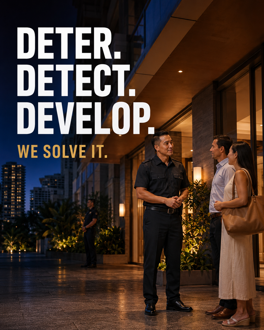Professional Waikīkī security officer speaking with property stakeholders